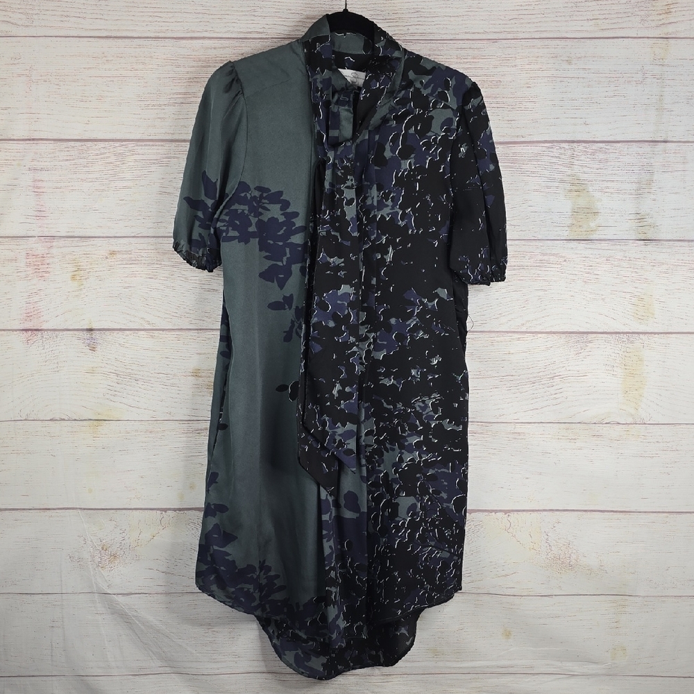 Jessica Simpson Hi-lo Dress  Floral Gray Black Satin Lined Tie Collar Sz 12